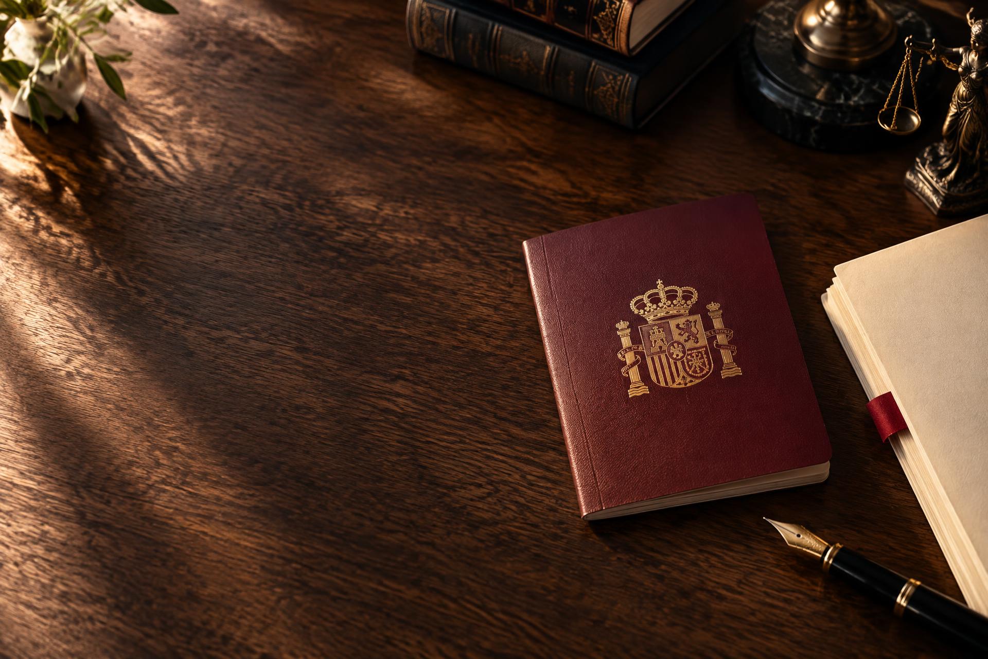 Pasaporte español y documentación sobre una mesa de despacho